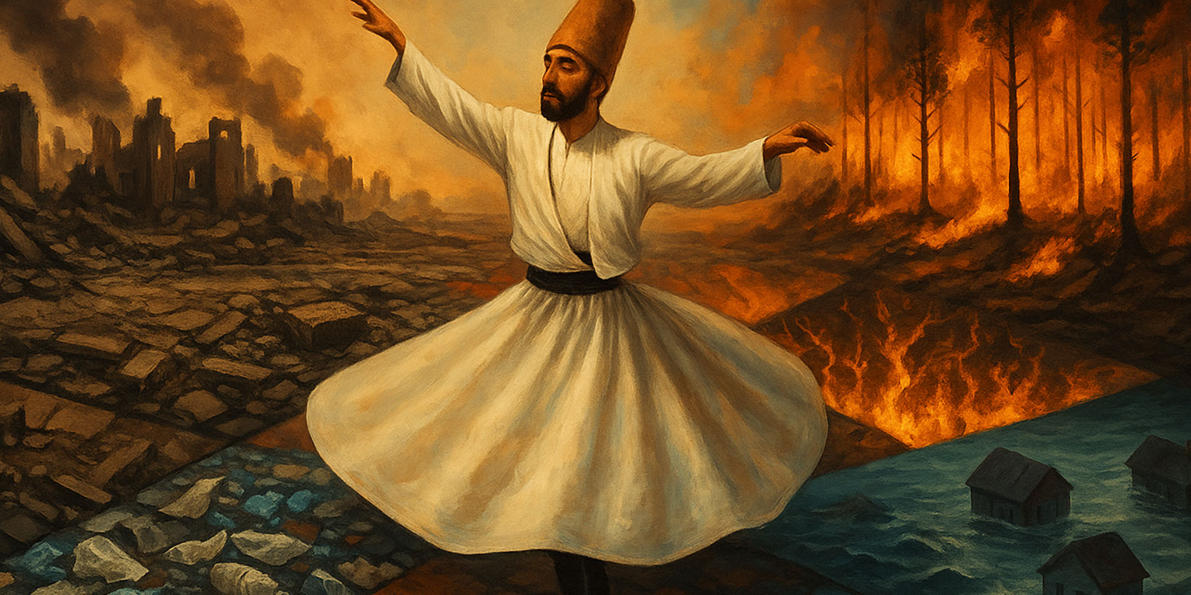 un sufi danza sopra le rovine del mondo: distruzioni, allagamenti, incendi, plastica...