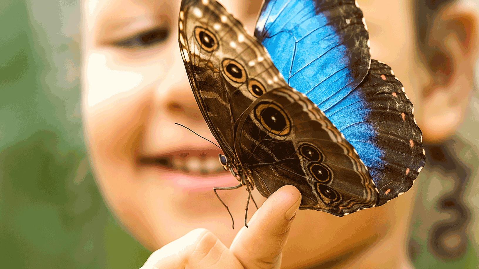 Una farfalla si appoggia alle dita di un bambino