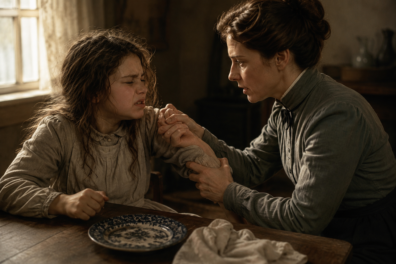L'immagine è tratta da una scena dlel film Anna dei mirali. Descrive l'educatrice che lotta contro i capricci della bambina Helen