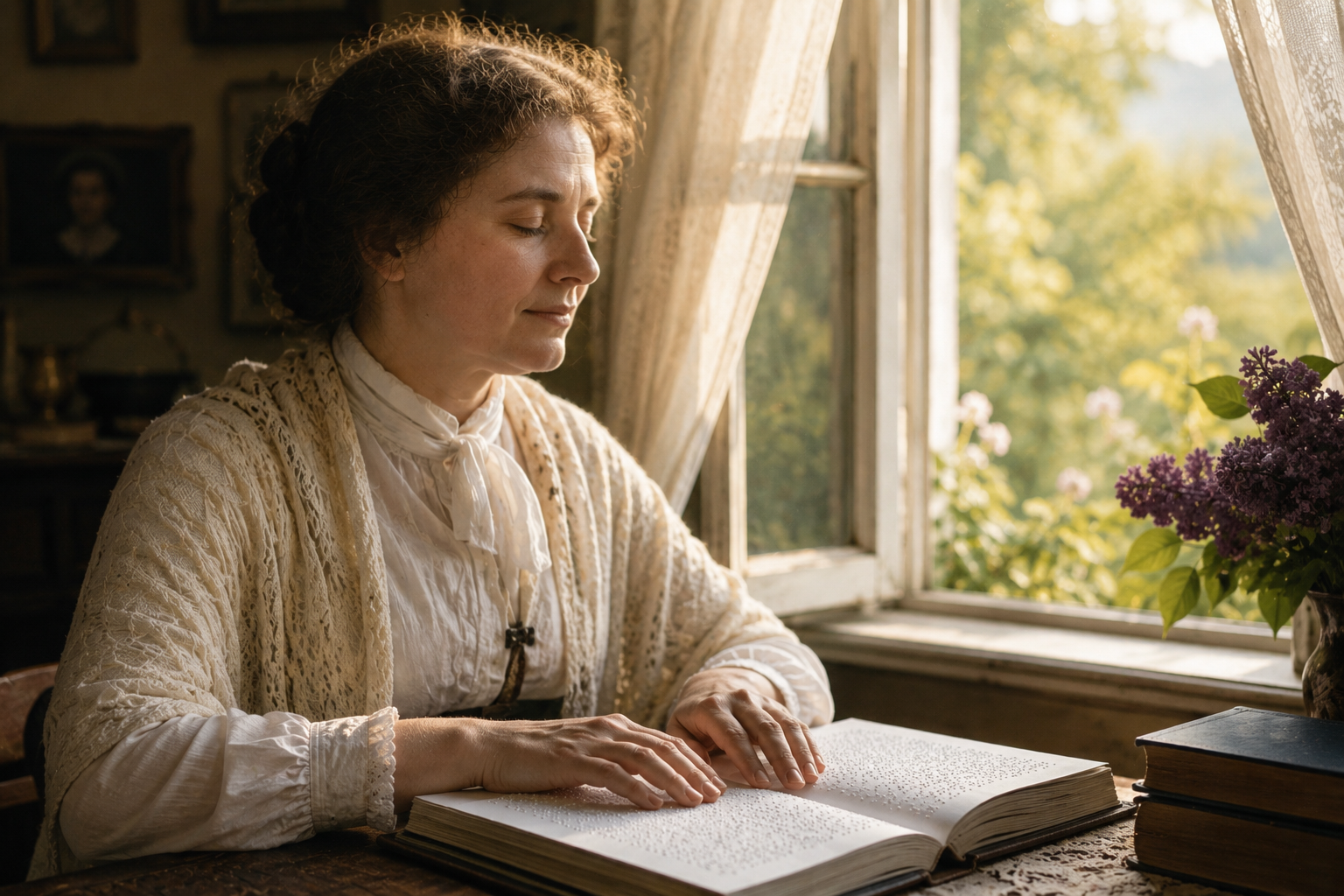 Helen Keller adulta seduta vicino a una finestra aperta, luce naturale sul volto, mani appoggiate a un libro in Braille o a una mano amica. Il volto esprime ascolto interiore, presenza, profondità. Fuori dalla finestra luce morbida, alberi mossi dal vento o cielo luminoso. Atmosfera calma, non religiosa in senso stretto.