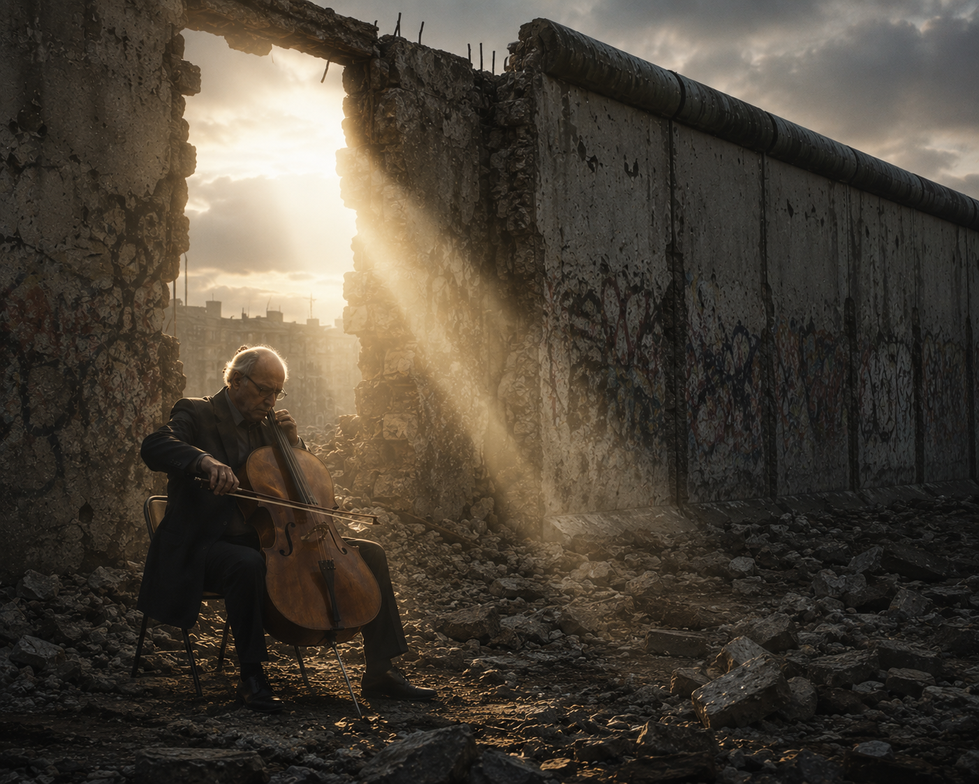 Un musicista suona illuminato da una luce che penetra in un varco di un muro parzialmente demolito