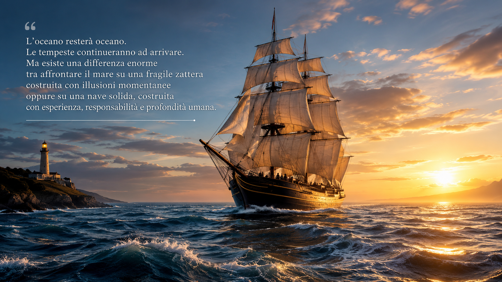 un veliero solca il mare a vele spiegate. Sullo sfondo un faro indica la direzione