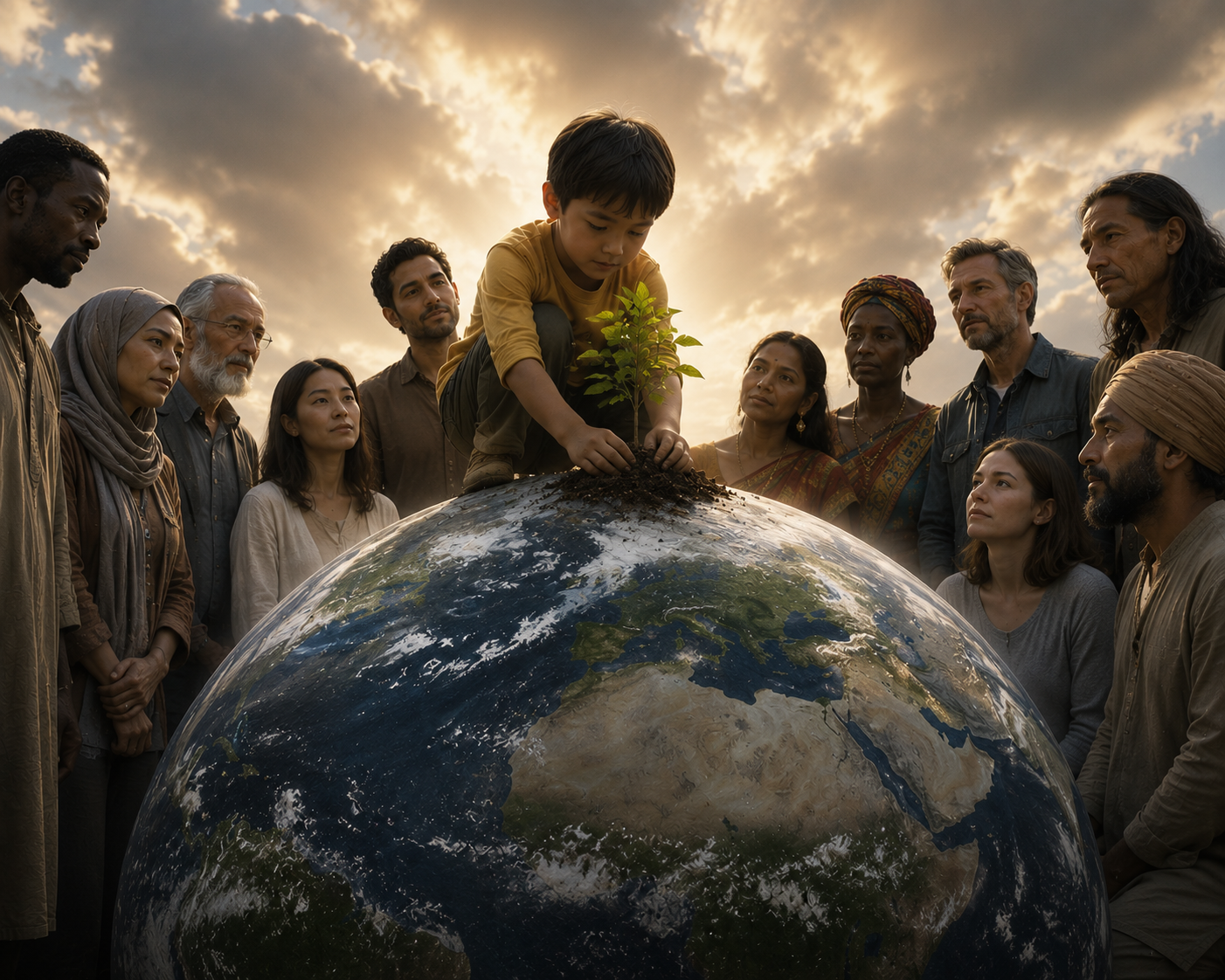 un bambino sta piantando una piantina sul globo del pianeta Terra. Attorno a lui, testimoni silenti, individui di diverse appartenenze etniche