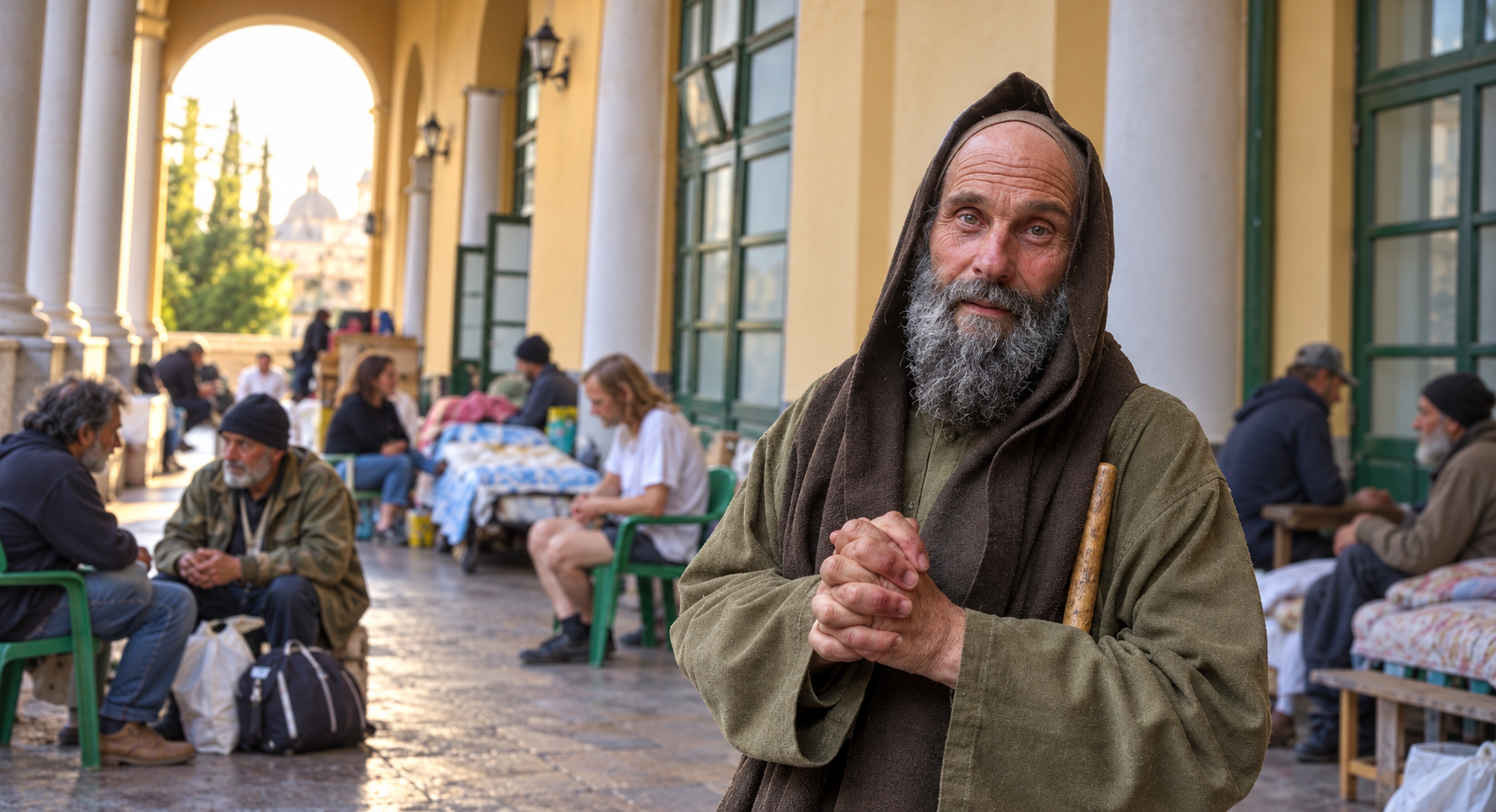 Fratel Biagio in primo piano. Sullo sfondo i poveri a cui ha dedicato la vita